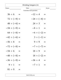 Dividing Mixed Integers from -9 to 9 (25 Questions; Large Print)