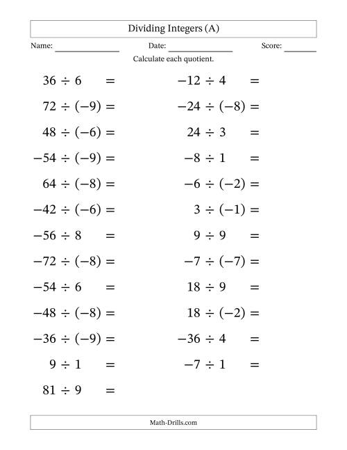 The Dividing Mixed Integers from -9 to 9 (25 Questions; Large Print) (A) Math Worksheet