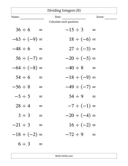The Dividing Mixed Integers from -9 to 9 (25 Questions; Large Print) (B) Math Worksheet