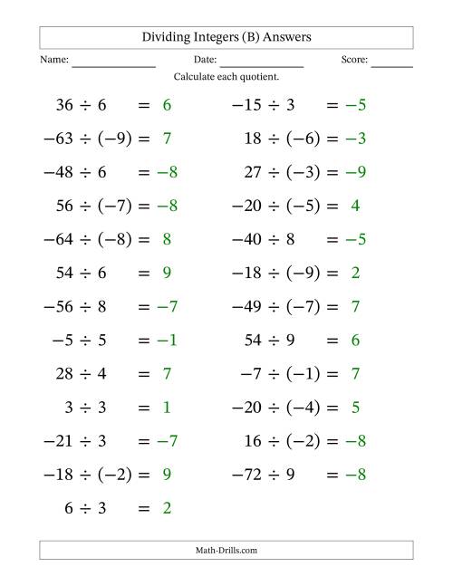 The Dividing Mixed Integers from -9 to 9 (25 Questions; Large Print) (B) Math Worksheet Page 2