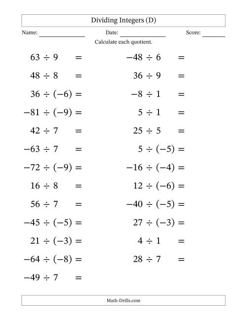 The Dividing Mixed Integers from -9 to 9 (25 Questions; Large Print) (D) Math Worksheet