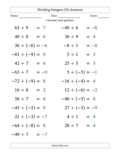The Dividing Mixed Integers from -9 to 9 (25 Questions; Large Print) (D) Math Worksheet Page 2