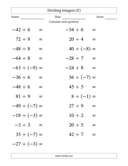 The Dividing Mixed Integers from -9 to 9 (25 Questions; Large Print) (E) Math Worksheet