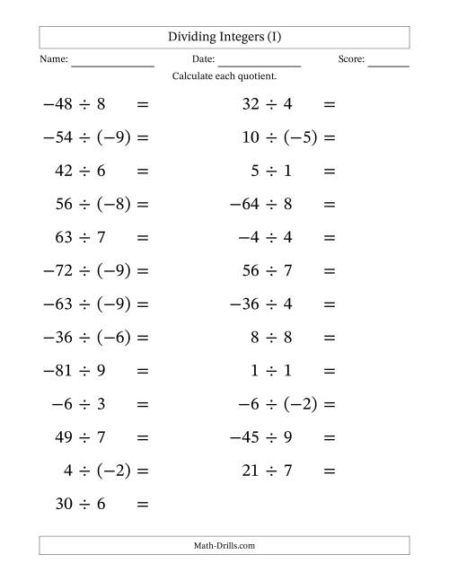 The Dividing Mixed Integers from -9 to 9 (25 Questions; Large Print) (I) Math Worksheet