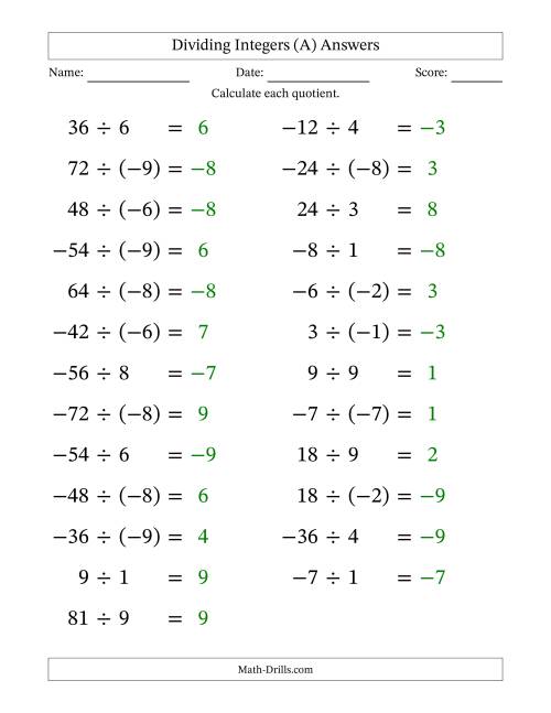 The Dividing Mixed Integers from -9 to 9 (25 Questions; Large Print) (All) Math Worksheet Page 2