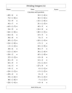 Dividing Mixed Integers from -9 to 9 (50 Questions)