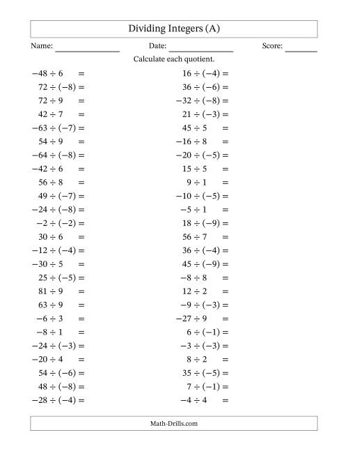 The Dividing Mixed Integers from -9 to 9 (50 Questions) (A) Math Worksheet