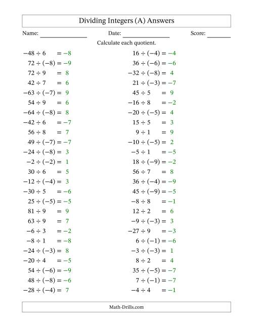 The Dividing Mixed Integers from -9 to 9 (50 Questions) (A) Math Worksheet Page 2
