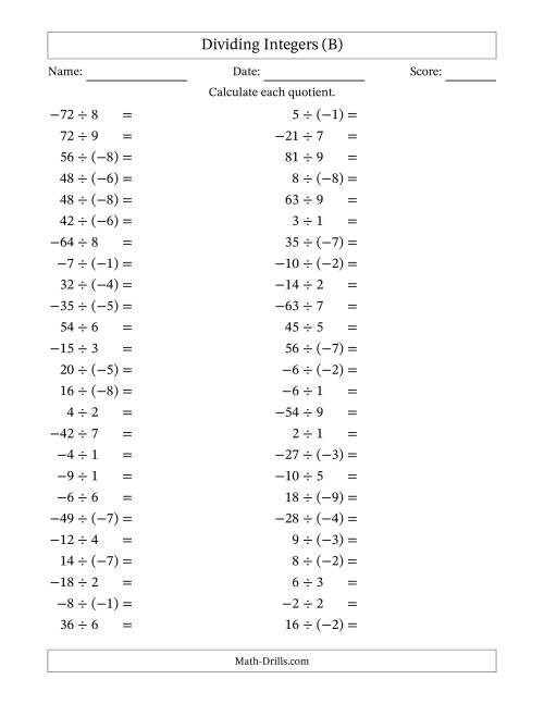 The Dividing Mixed Integers from -9 to 9 (50 Questions) (B) Math Worksheet