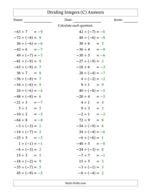 The Dividing Mixed Integers from -9 to 9 (50 Questions) (C) Math Worksheet Page 2