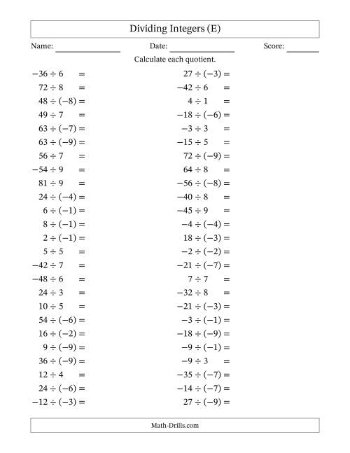 The Dividing Mixed Integers from -9 to 9 (50 Questions) (E) Math Worksheet