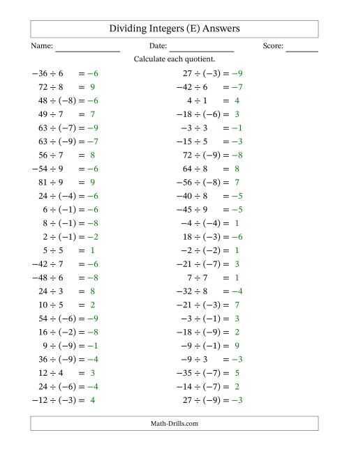 The Dividing Mixed Integers from -9 to 9 (50 Questions) (E) Math Worksheet Page 2