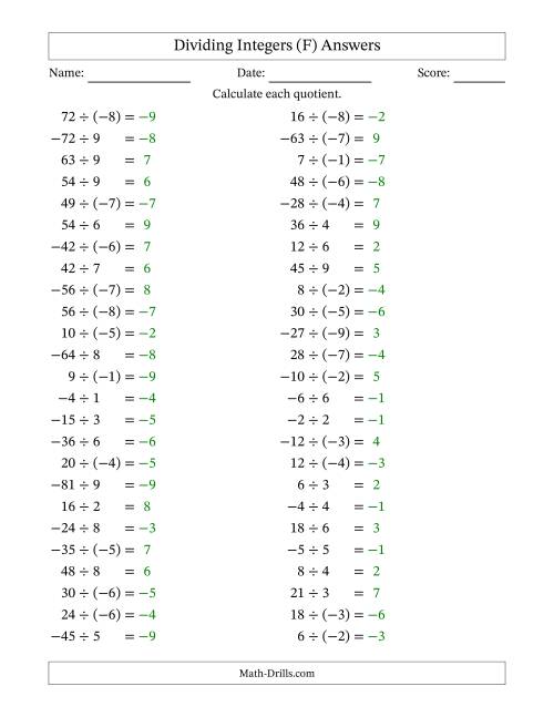 The Dividing Mixed Integers from -9 to 9 (50 Questions) (F) Math Worksheet Page 2