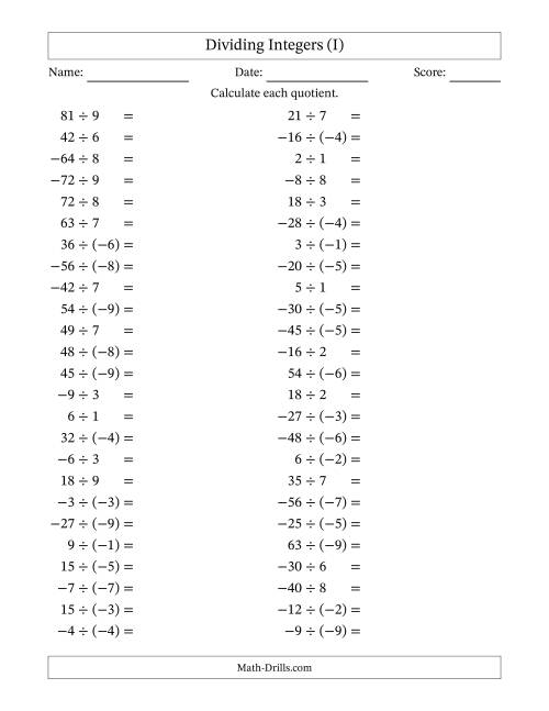 The Dividing Mixed Integers from -9 to 9 (50 Questions) (I) Math Worksheet