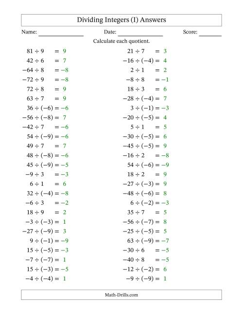 The Dividing Mixed Integers from -9 to 9 (50 Questions) (I) Math Worksheet Page 2