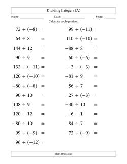 Dividing Mixed Integers from -12 to 12 (25 Questions; Large Print)