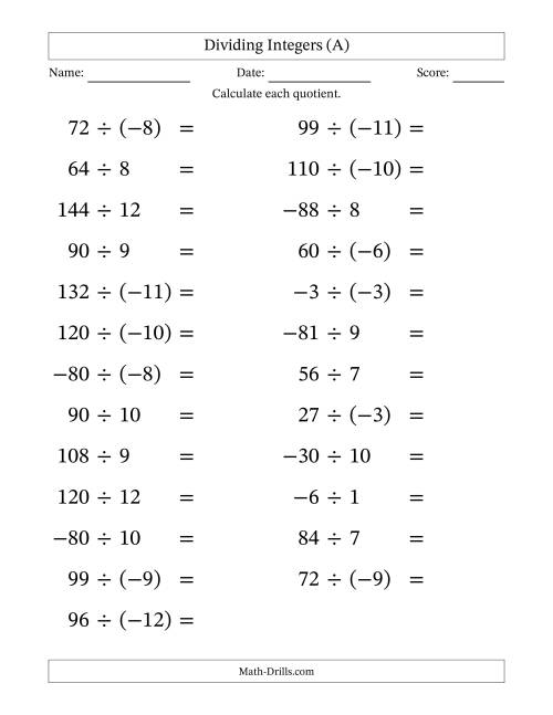 The Dividing Mixed Integers from -12 to 12 (25 Questions; Large Print) (A) Math Worksheet