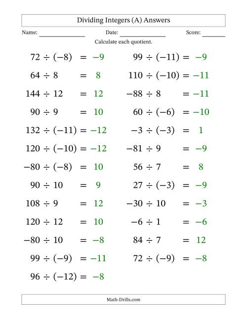 The Dividing Mixed Integers from -12 to 12 (25 Questions; Large Print) (A) Math Worksheet Page 2