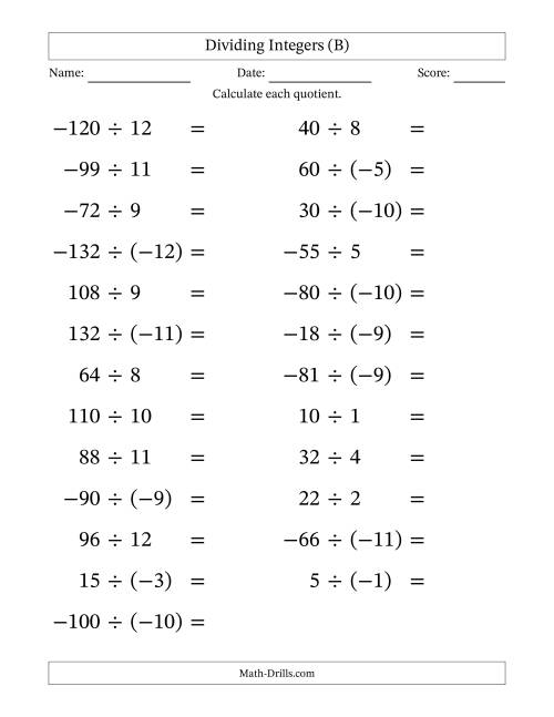 The Dividing Mixed Integers from -12 to 12 (25 Questions; Large Print) (B) Math Worksheet