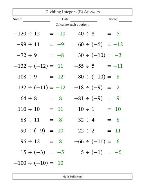 The Dividing Mixed Integers from -12 to 12 (25 Questions; Large Print) (B) Math Worksheet Page 2