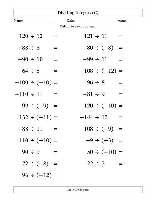 The Dividing Mixed Integers from -12 to 12 (25 Questions; Large Print) (C) Math Worksheet