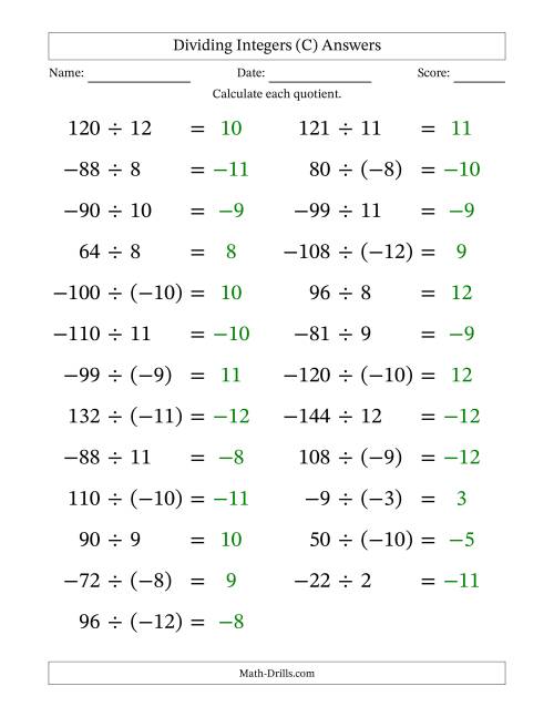 The Dividing Mixed Integers from -12 to 12 (25 Questions; Large Print) (C) Math Worksheet Page 2