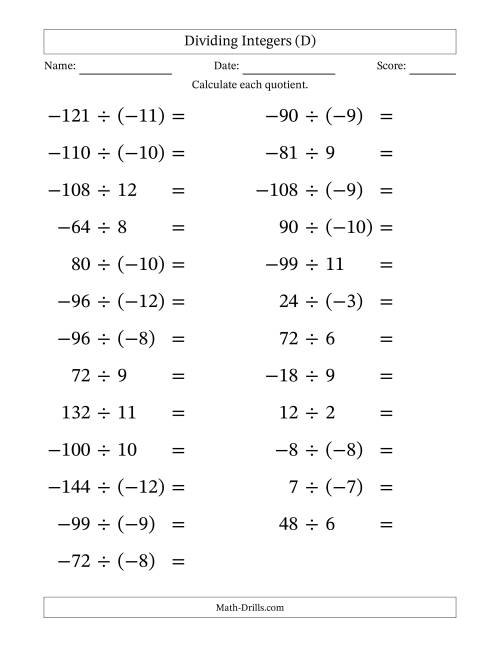 The Dividing Mixed Integers from -12 to 12 (25 Questions; Large Print) (D) Math Worksheet