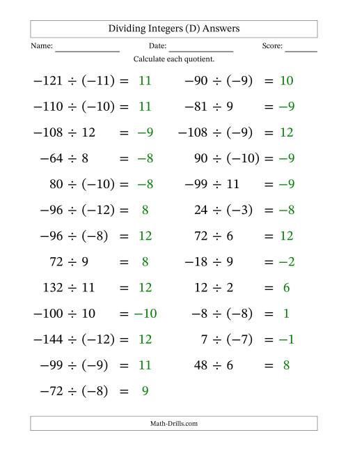 The Dividing Mixed Integers from -12 to 12 (25 Questions; Large Print) (D) Math Worksheet Page 2
