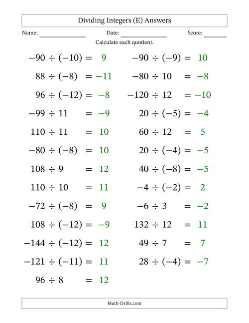 The Dividing Mixed Integers from -12 to 12 (25 Questions; Large Print) (E) Math Worksheet Page 2