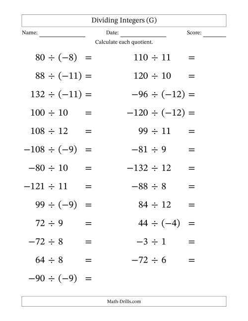 The Dividing Mixed Integers from -12 to 12 (25 Questions; Large Print) (G) Math Worksheet