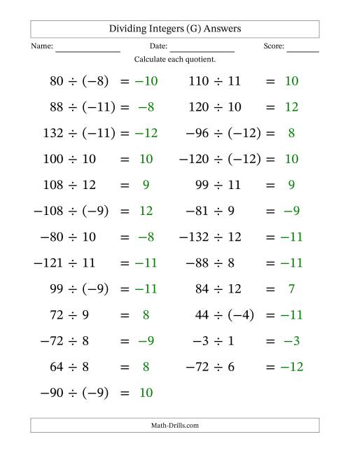 The Dividing Mixed Integers from -12 to 12 (25 Questions; Large Print) (G) Math Worksheet Page 2