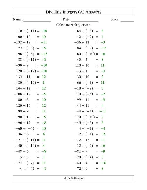 The Dividing Mixed Integers from -12 to 12 (50 Questions) (A) Math Worksheet Page 2