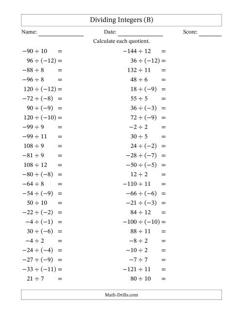 The Dividing Mixed Integers from -12 to 12 (50 Questions) (B) Math Worksheet