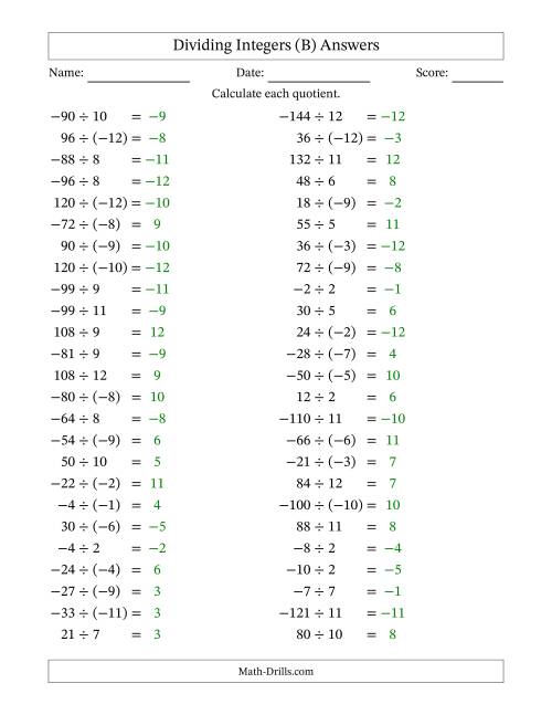 The Dividing Mixed Integers from -12 to 12 (50 Questions) (B) Math Worksheet Page 2