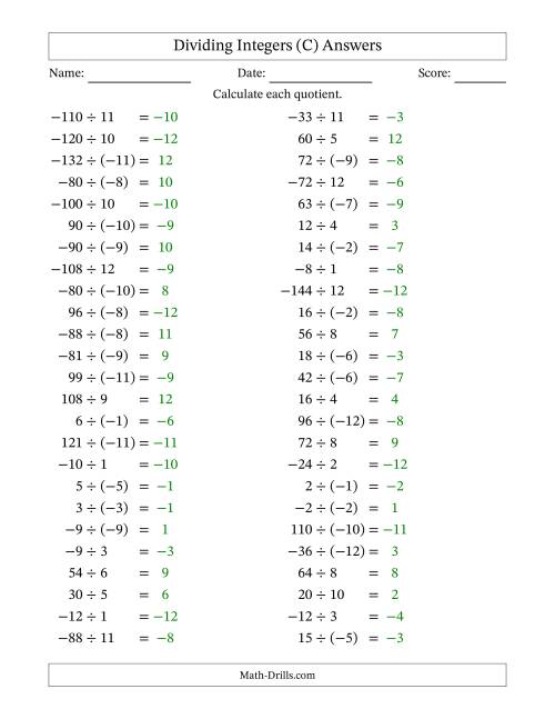 The Dividing Mixed Integers from -12 to 12 (50 Questions) (C) Math Worksheet Page 2
