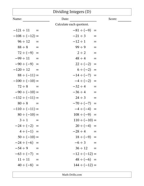 The Dividing Mixed Integers from -12 to 12 (50 Questions) (D) Math Worksheet