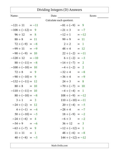 The Dividing Mixed Integers from -12 to 12 (50 Questions) (D) Math Worksheet Page 2