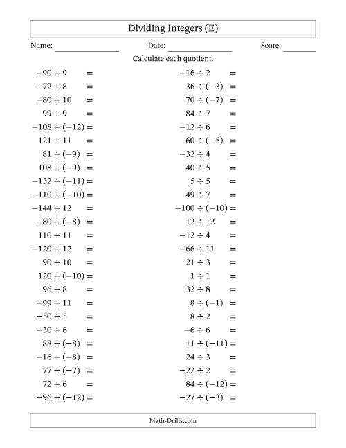 The Dividing Mixed Integers from -12 to 12 (50 Questions) (E) Math Worksheet