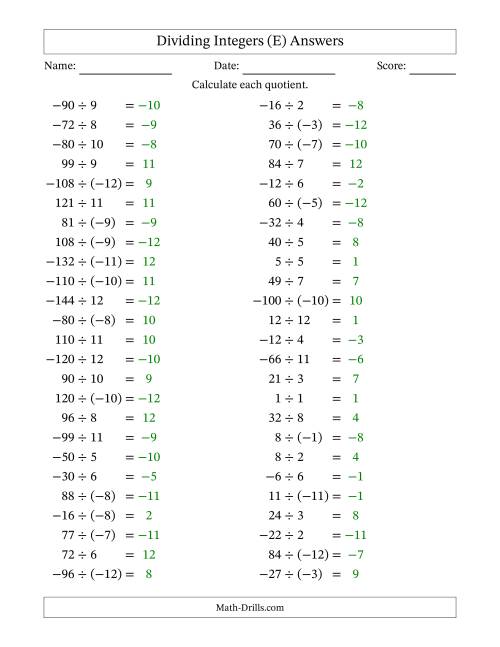 The Dividing Mixed Integers from -12 to 12 (50 Questions) (E) Math Worksheet Page 2