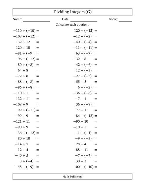 The Dividing Mixed Integers from -12 to 12 (50 Questions) (G) Math Worksheet