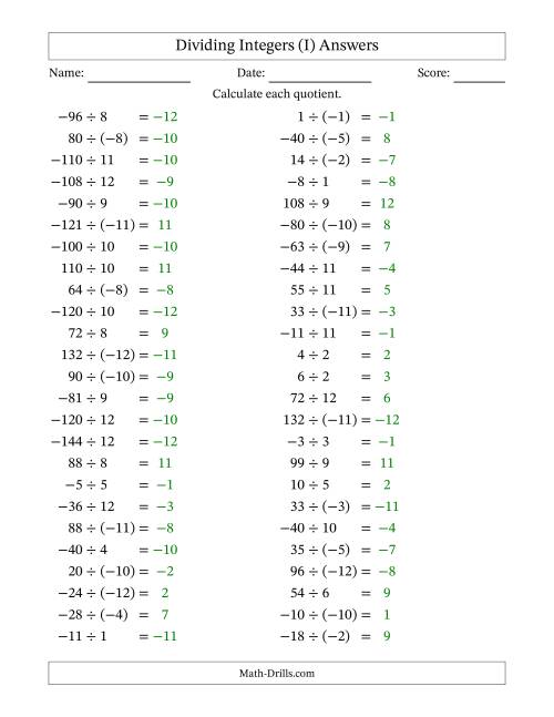 The Dividing Mixed Integers from -12 to 12 (50 Questions) (I) Math Worksheet Page 2