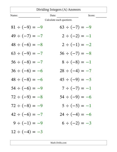 The Dividing Positive by Negative Integers from -9 to 9 (25 Questions; Large Print) (A) Math Worksheet Page 2
