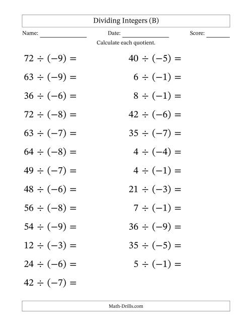 The Dividing Positive by Negative Integers from -9 to 9 (25 Questions; Large Print) (B) Math Worksheet