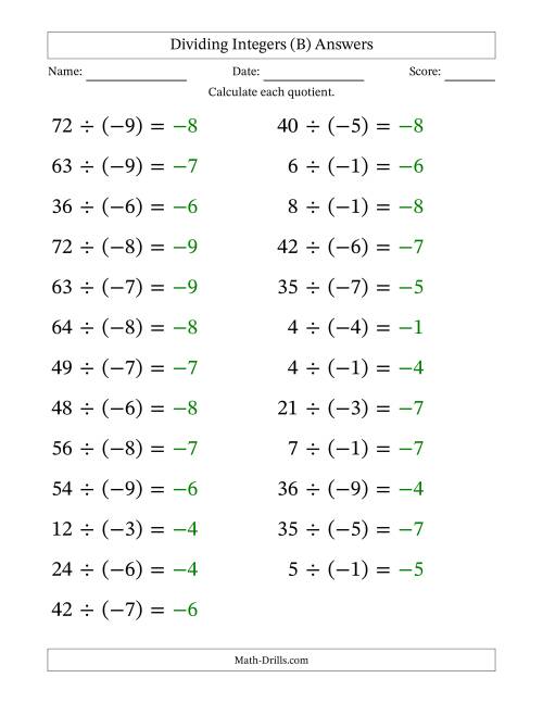 The Dividing Positive by Negative Integers from -9 to 9 (25 Questions; Large Print) (B) Math Worksheet Page 2