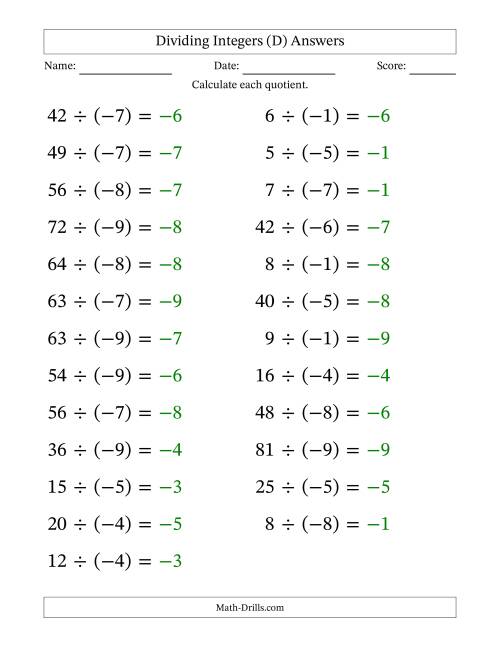 The Dividing Positive by Negative Integers from -9 to 9 (25 Questions; Large Print) (D) Math Worksheet Page 2