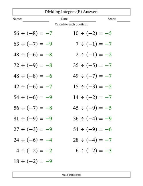 The Dividing Positive by Negative Integers from -9 to 9 (25 Questions; Large Print) (E) Math Worksheet Page 2