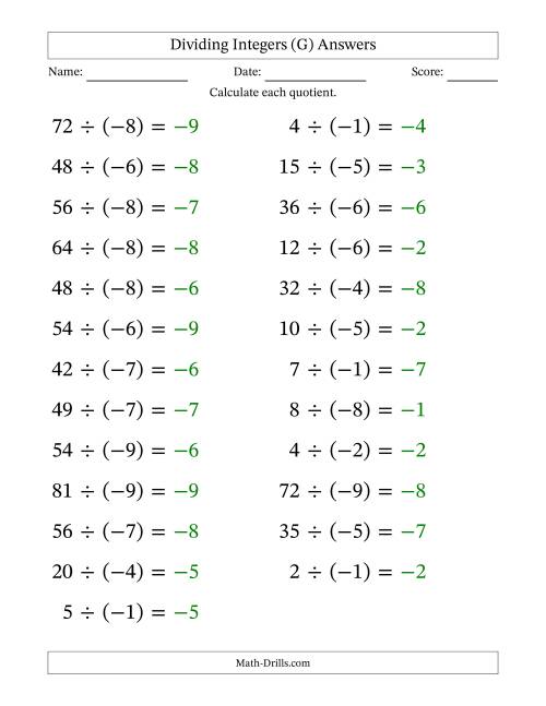The Dividing Positive by Negative Integers from -9 to 9 (25 Questions; Large Print) (G) Math Worksheet Page 2