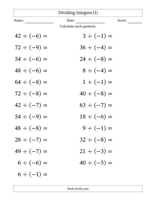 The Dividing Positive by Negative Integers from -9 to 9 (25 Questions; Large Print) (I) Math Worksheet