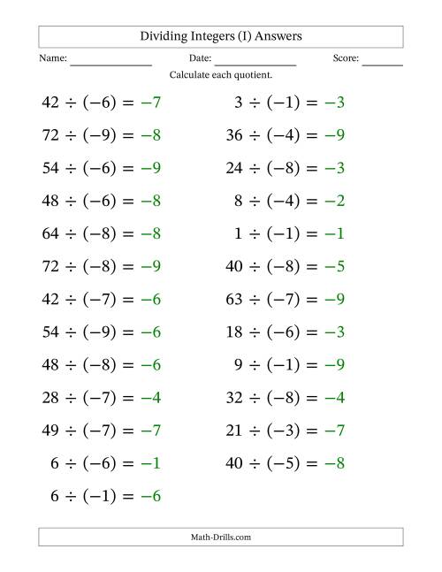 The Dividing Positive by Negative Integers from -9 to 9 (25 Questions; Large Print) (I) Math Worksheet Page 2