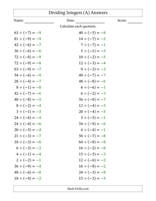 The Dividing Positive by Negative Integers from -9 to 9 (50 Questions) (A) Math Worksheet Page 2
